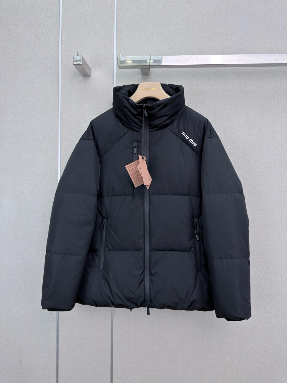 Miu Miu Black Logo Puffer Down Jacket Stand Collar
